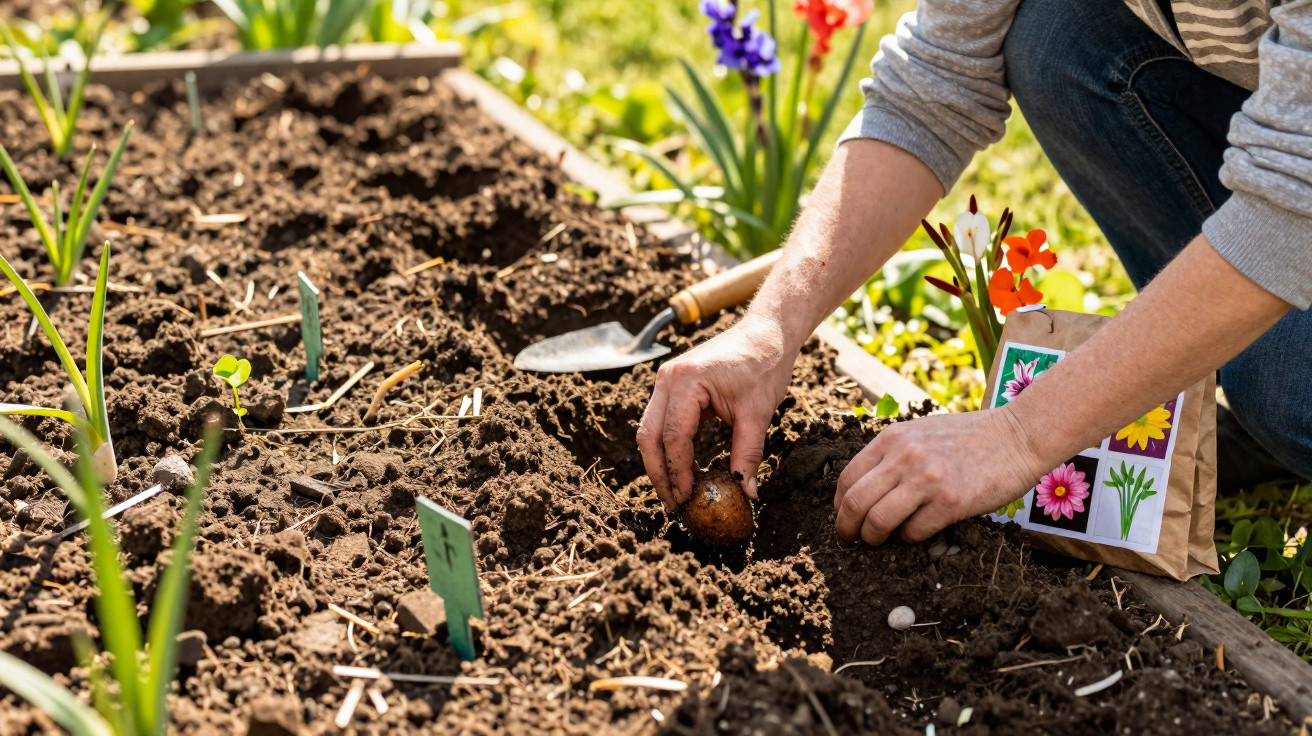 Personne plantant un bulbe de fleur dans un jardin au sol préparé avec outil à côté et fleurs colorées.