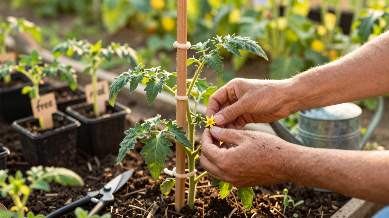 Mains d’un jardinier soignant une jeune plante de tomate avec fleurs jaunes dans un jardin potager.