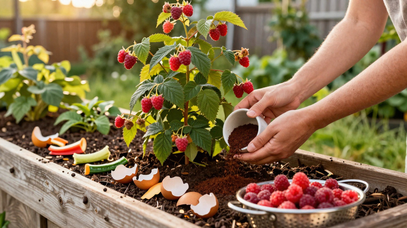 Personne versant du marc de café dans un jardin, plant de framboises mûres et coquilles d'œufs au sol.