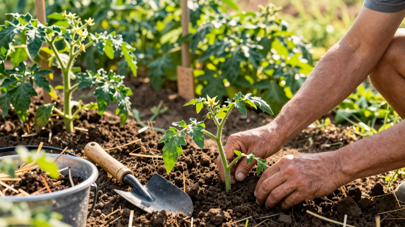 Mains plantant un jeune pied de tomate dans un jardin, terre meuble et outils de jardinage à proximité.