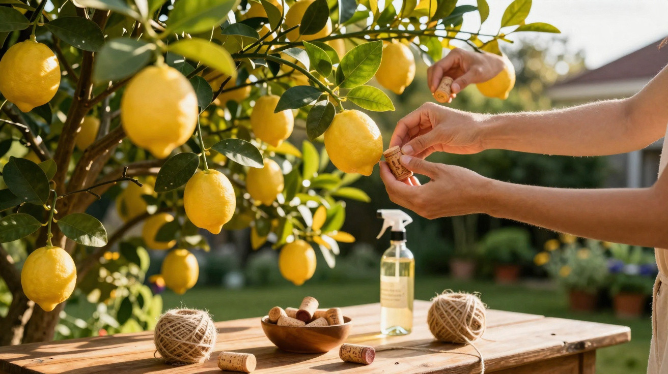 Main cueillant un citron en préparant une guirlande avec des bouchons et une corde sous un citronnier.